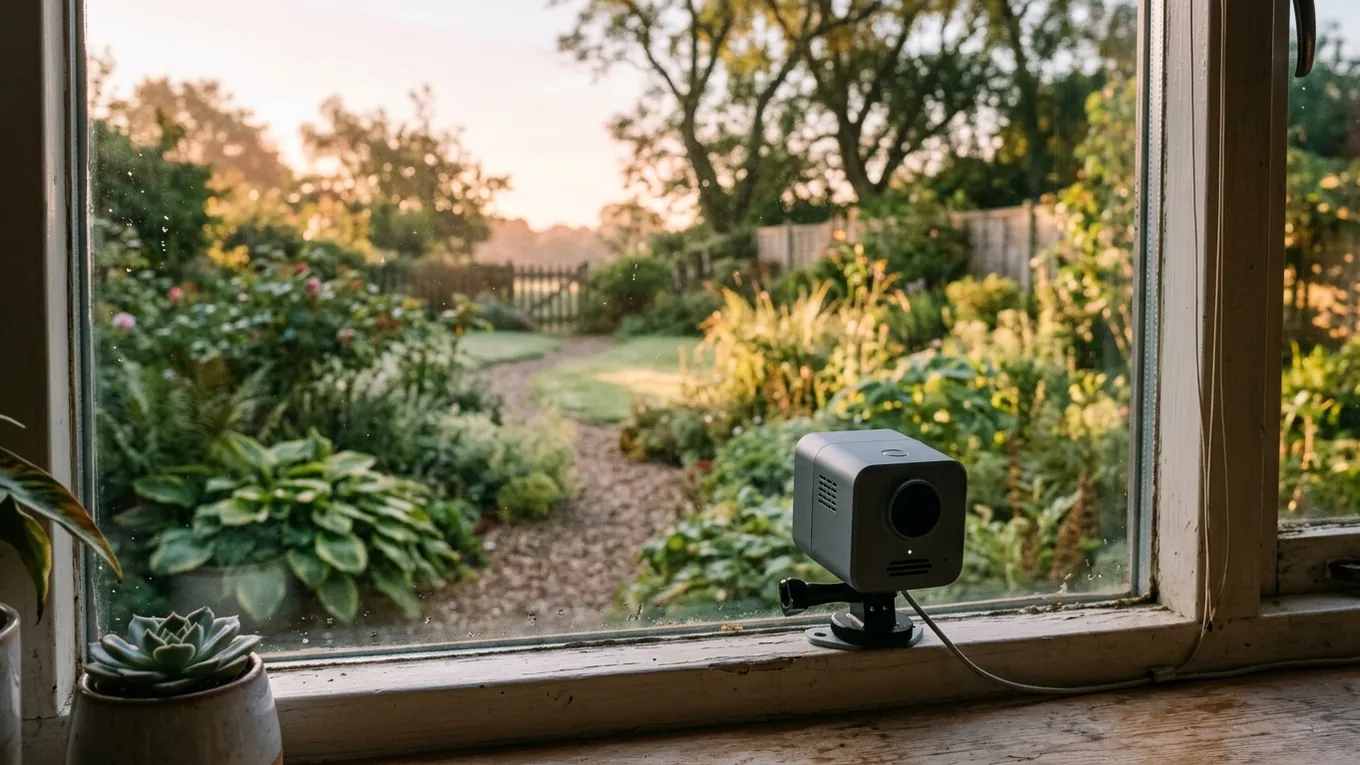 A small time-lapse camera on a windowsill at sunrise, looking out over a dewy garden