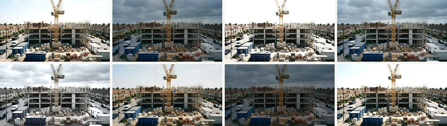 Eight frames of the same building site at noon on eight days, jumping between hard sun, haze, flat grey and dark cloud