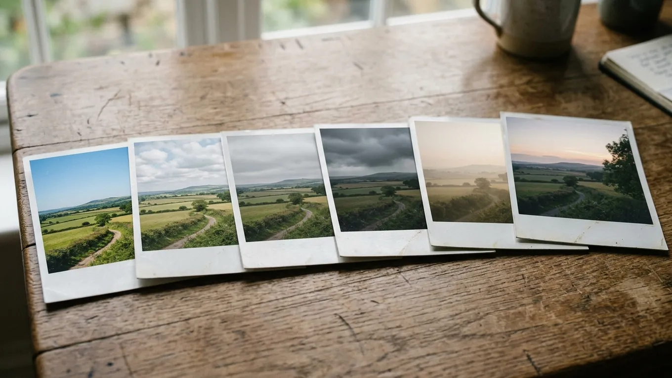 Six prints of the same countryside view on a table, each in different weather, from bright sun to gloom