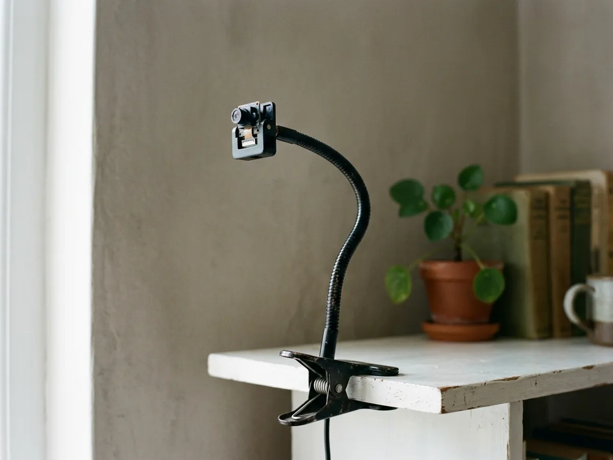 A clip-on gooseneck arm clamped to a shelf, holding a tiny camera module