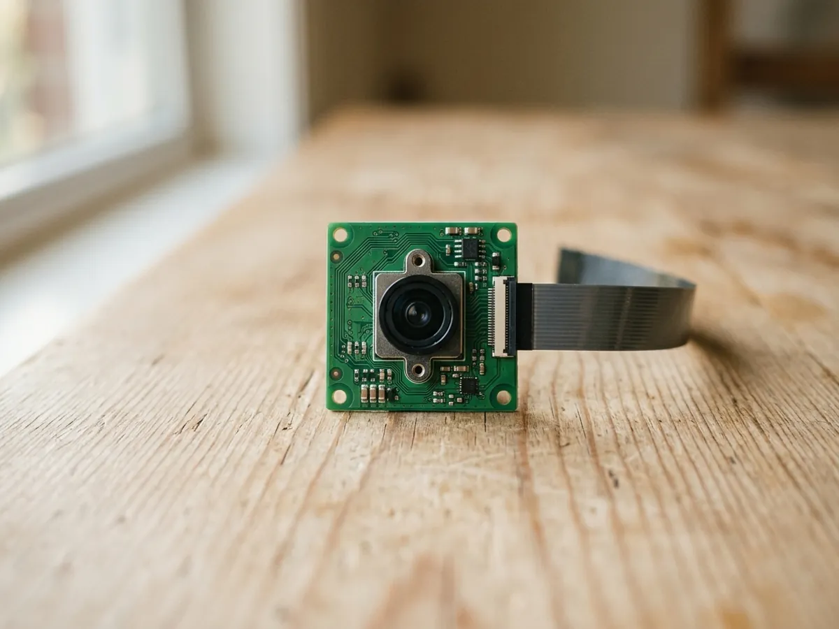 A small camera module board with its flat ribbon cable, on a wooden desk