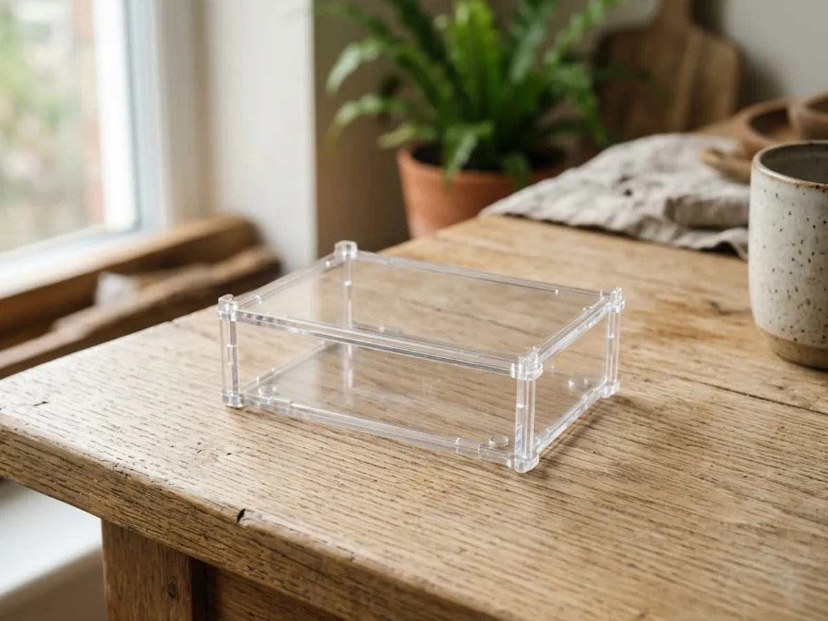A simple clear plastic case on a wooden desk