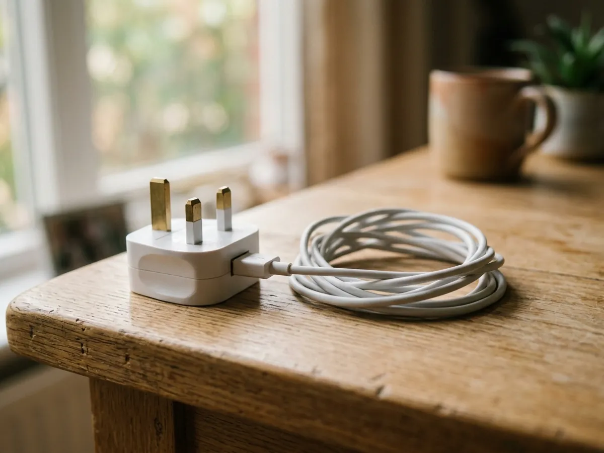 A white UK plug-in USB power supply with its cable coiled beside it