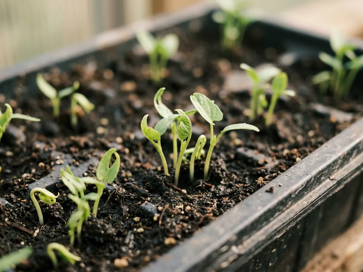 Water spinach seedlings opening their first leaves in a seed tray