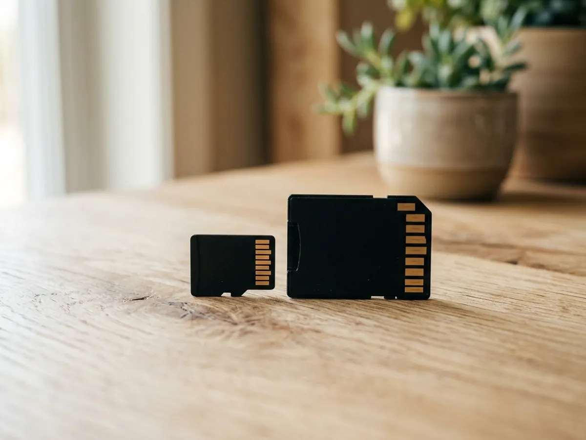 A microSD card next to its full-size SD adapter