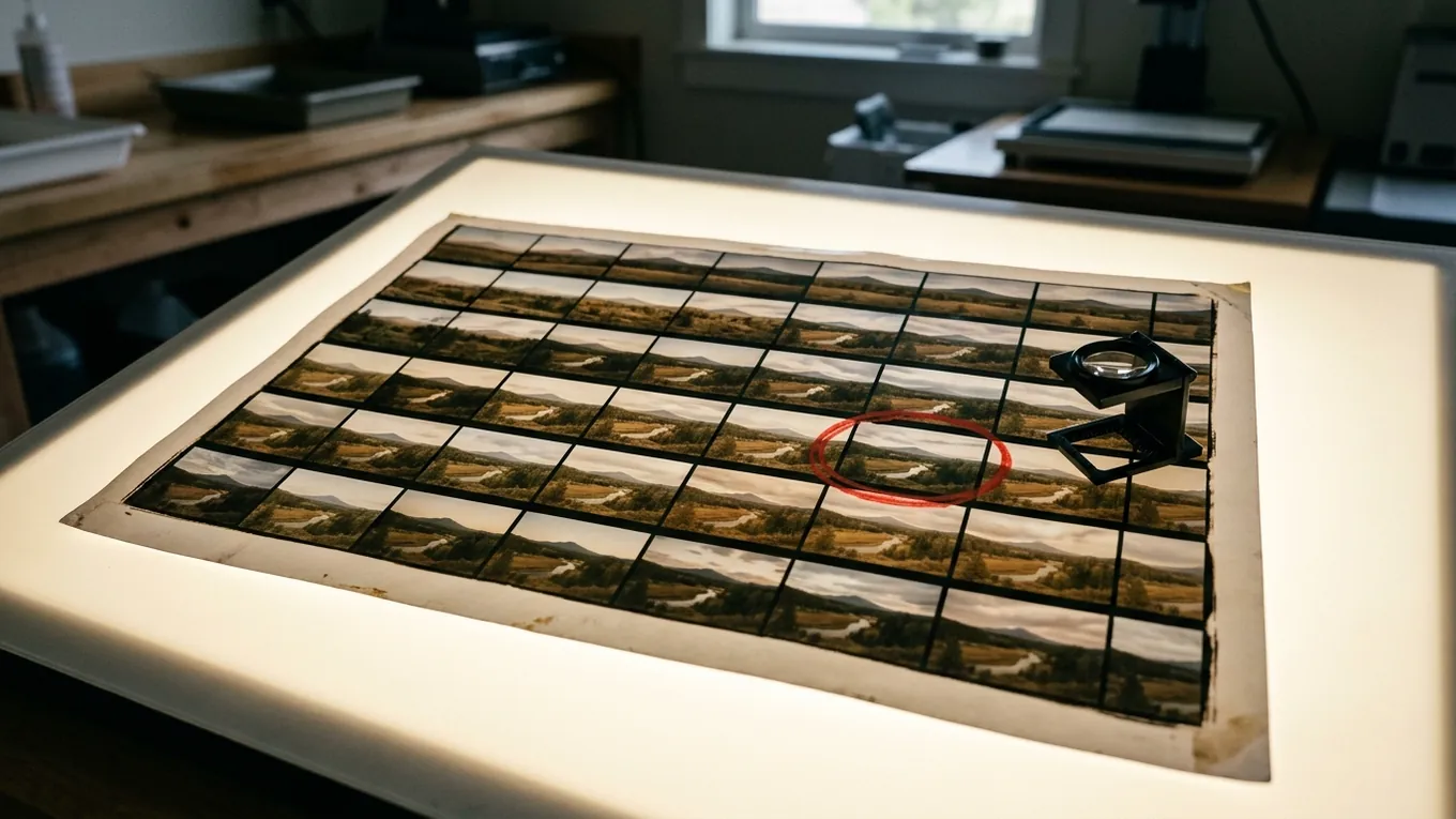 A contact sheet of landscape thumbnails on a light table, with one frame circled in red and a loupe beside it