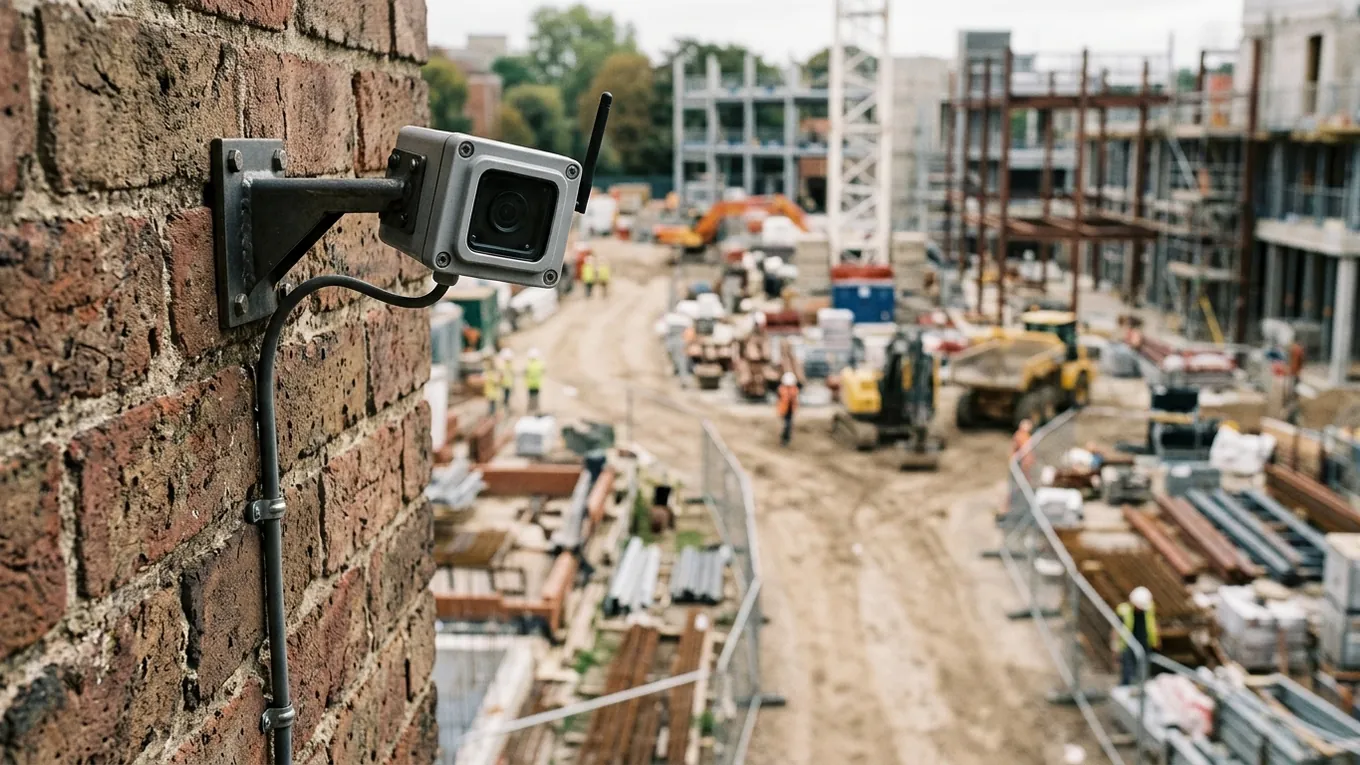 A weatherproof camera on a bracket high on a brick wall, overlooking a building site