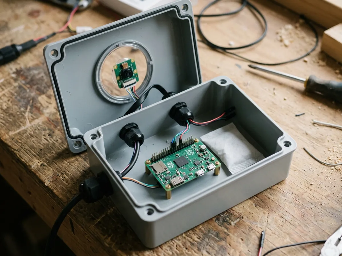 An open weatherproof enclosure on a workbench: a Raspberry Pi inside, a camera module behind a clear window in the lid, a silica gel sachet and cable glands