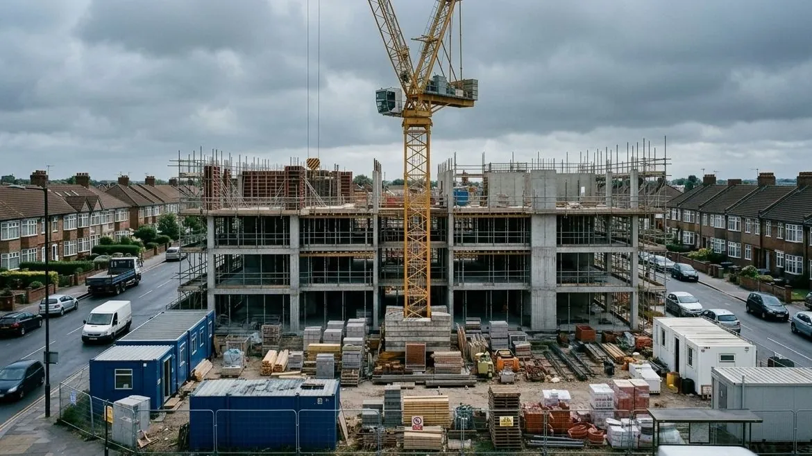 The same building site at noon the next day under heavy grey cloud, flat and dull