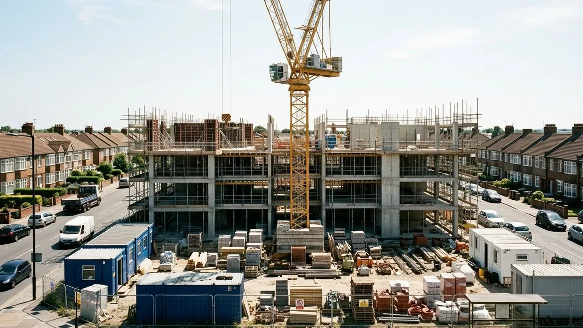 A building site at noon in hard sunshine, with deep shadows and glaring highlights