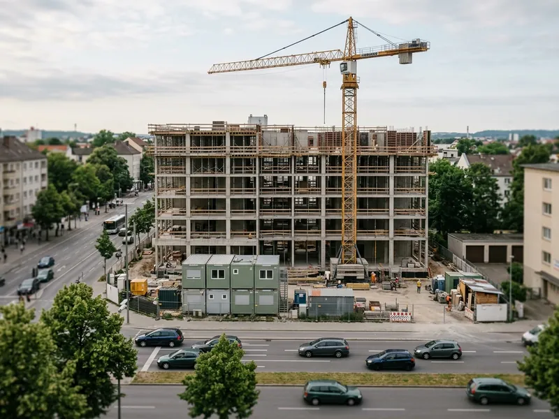 A half-built concrete block with a tower crane, seen from across a busy road