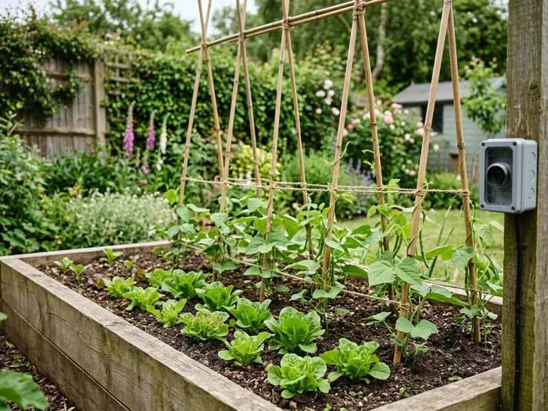 A raised vegetable bed of young lettuces and climbing beans, with a small camera box on a post