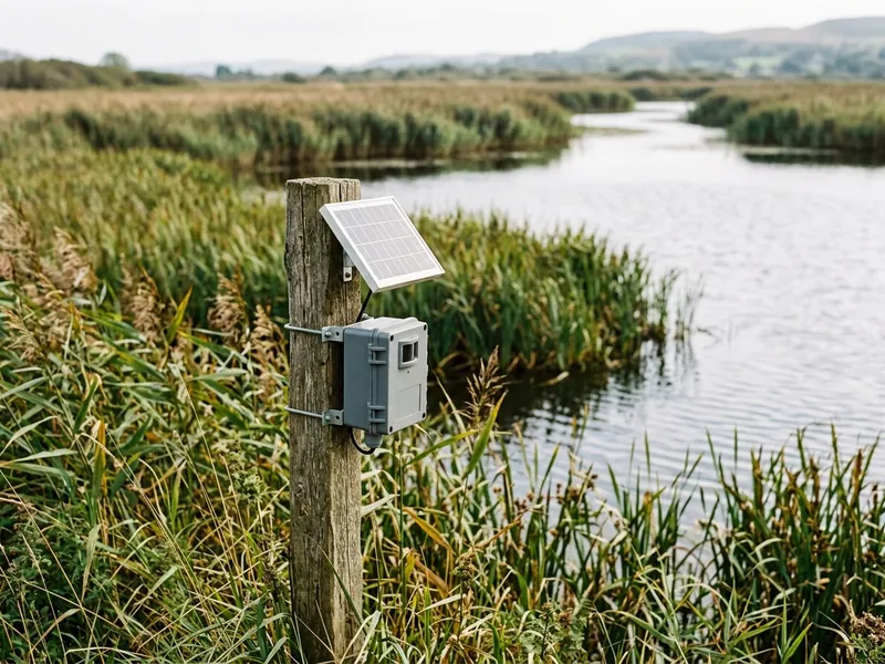 A solar-powered camera box on a wooden post at the edge of a wetland